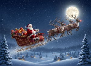 Weihnachtsmann mit Rentieren und Schlitten